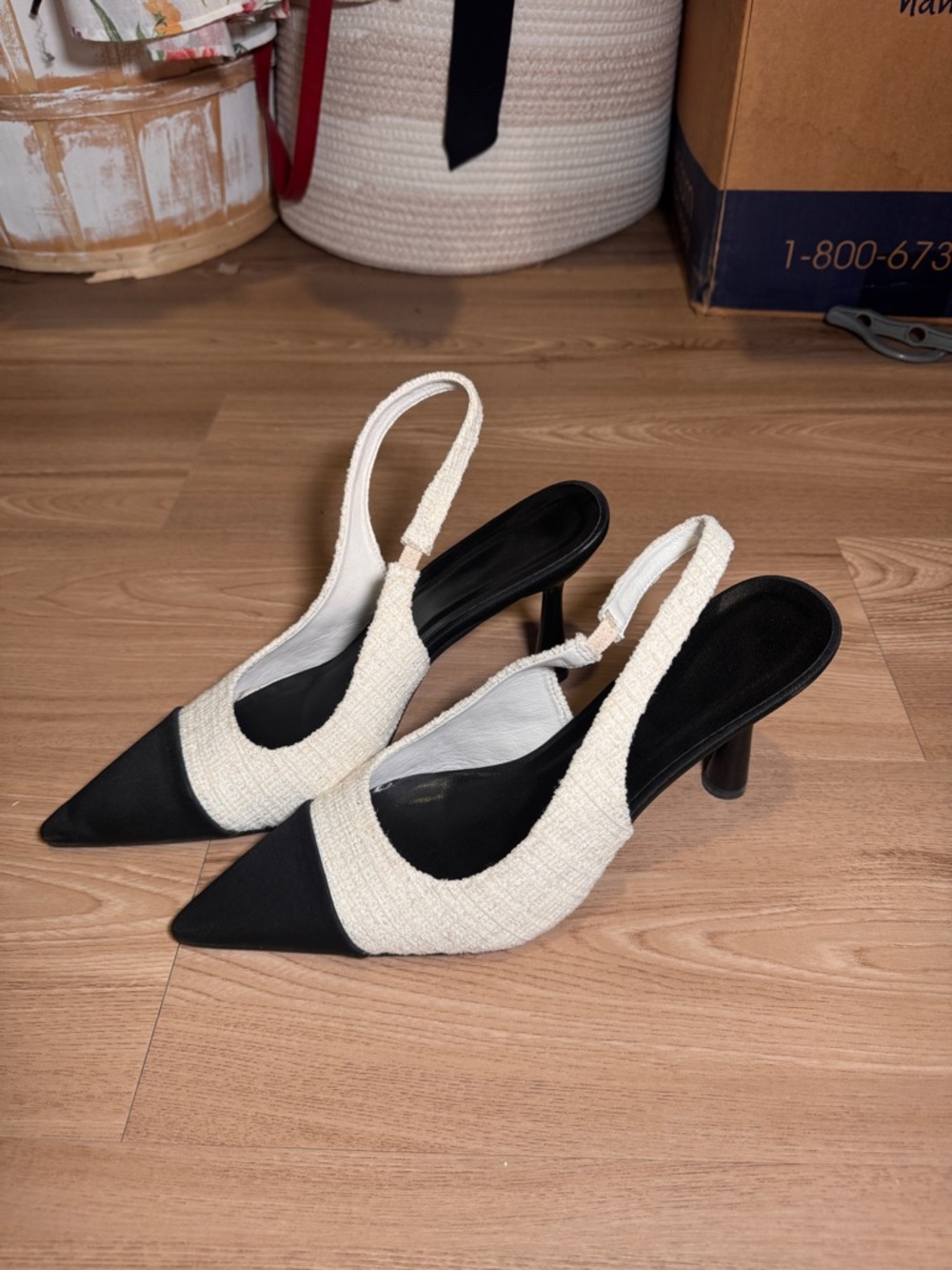 Two-Tone Slingback Pointed Heels in Black and Cream